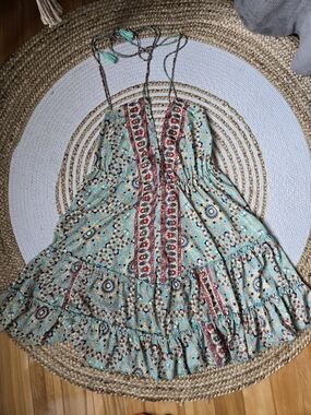 100% Art Silk Bohemian Teal & Golden Print Tiered Sun Dress Open Back Festival